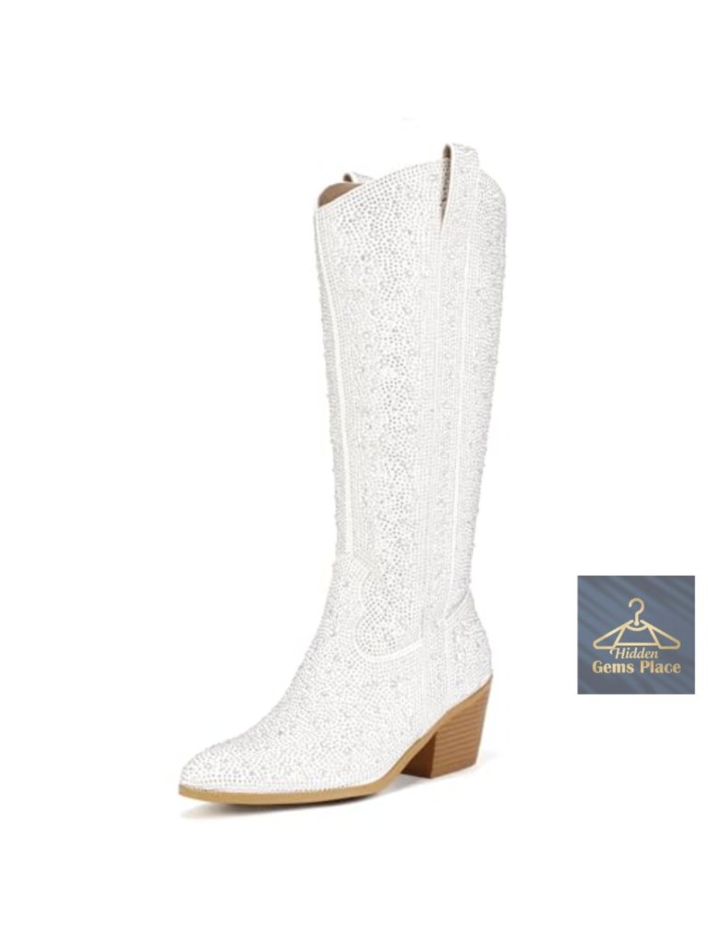 Women's Knee High Western Cowboy Boots with Rhinestones Chunky Heel Cowgirl